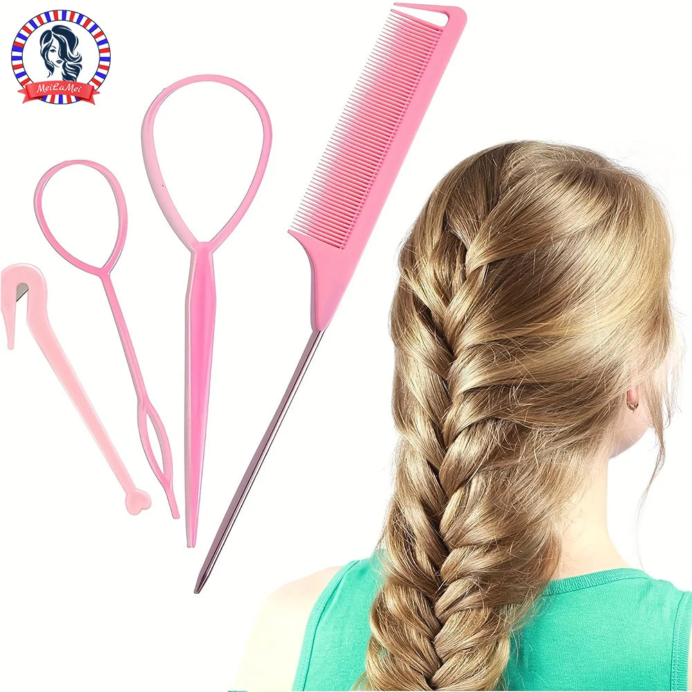 4-piece WANMEI Headband Tool, Hair Braiding Tool with Mouse Tail Comb, Ponytail Headband Remover, Quick Styling Hair Accessory - Curl and Collar