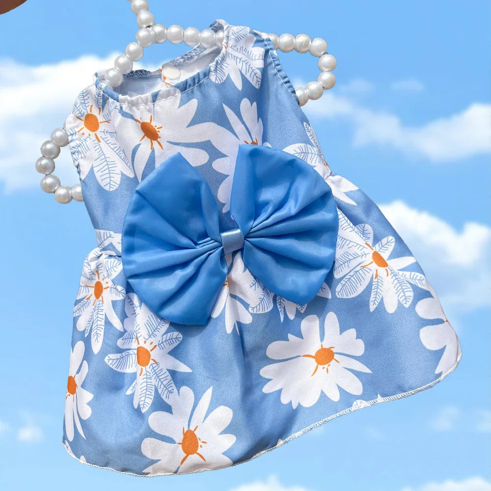 Puppy Summer Dress Dog Cat Princess Dress Pet Clothes for Small Medium Dogs Printed Bow Kitten Dog Skirt Yorkshire Teddy Apparel - Curl and Collar