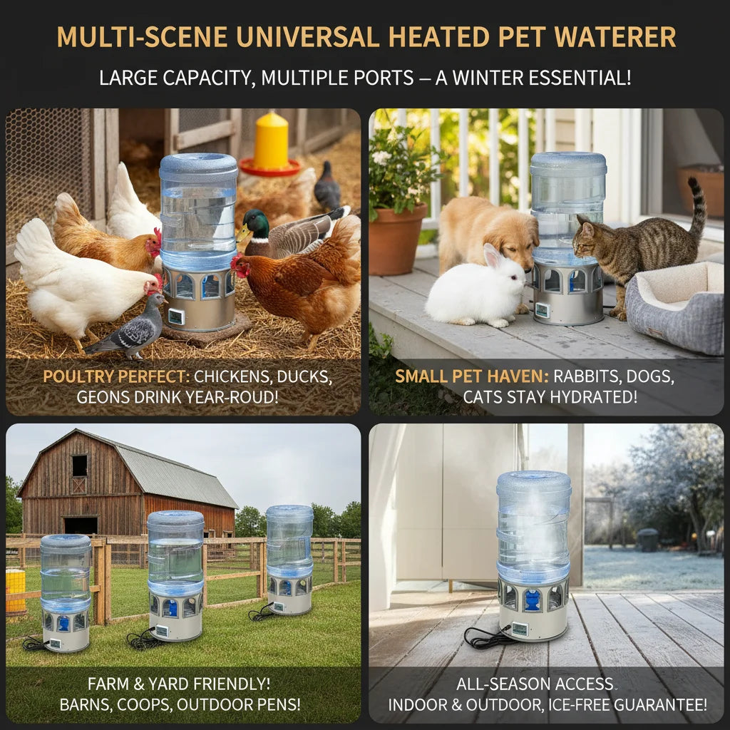 Stainless Steel Heated Chicken Waterer 5 Gal, 80W Auto Thermostat Water Heater for Poultry, Adjustable Temp 32-122°F with LED Display & 9 Windows, Anti-Freeze for Winter, Silver-Blue - Curl and Collar