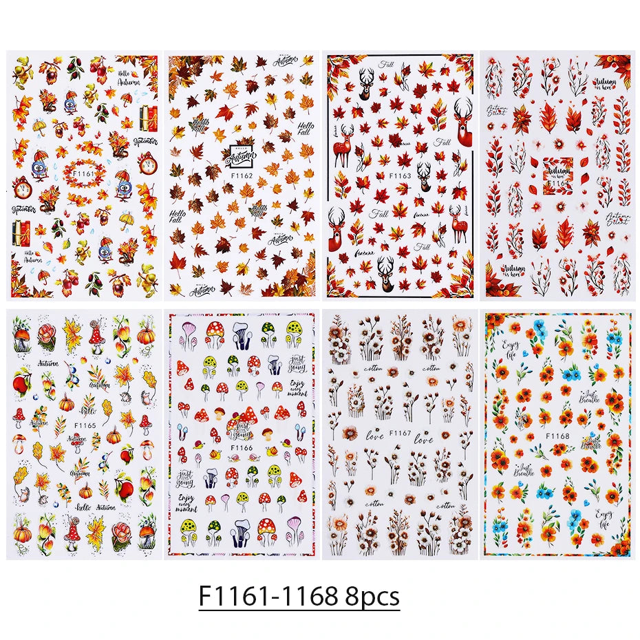 8pcs Autumn Winter Maple Leaf Nail Stickers Pumpkin Elk Mushroom Flower Self-Adhesive Nail Decal Thanksgiving DIY Manicure Decor