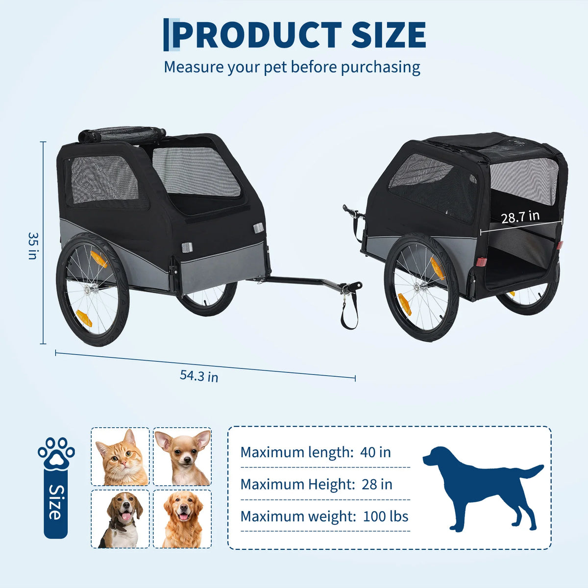 Foldable Dog Bike Trailer, Heavy Duty Steel Frame Pet Bike Carrier, 100 LBS Capacity Oxford Fabric Dog Carrier Bicycle Trailer with Mesh Window Reflectors for Medium Large Dogs & Cats, Black - Curl and Collar