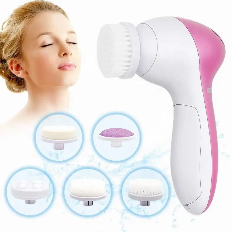 Electric Facial Cleaner 5 IN 1 Face Cleansing Brush Wash Machine Spa Skin Care Massager Blackhead Cleaning Facial Cleanser Tools - Curl and Collar