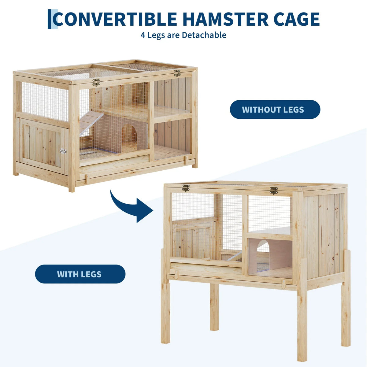 Wooden Guinea Pig Cage Indoor with Stand, 38" 2-Story Rabbit Hutch w/Ramp & Hideout, Clear Vision, Leak-Proof Pull-Out Tray, Lockable Door, Bunny Hamster Habitat - Curl and Collar