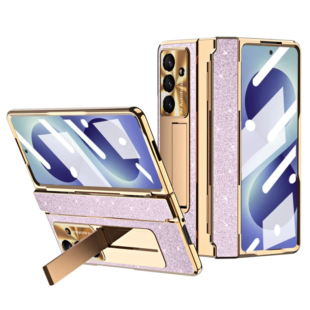 Crystal Glitter Leveling Hinges Anti Drop Case for Samsung Galaxy Z Fold 8 Ultra Zfold 8 Ultra 7 6 5 4 3 Camera Protector Cover - Curl and Collar