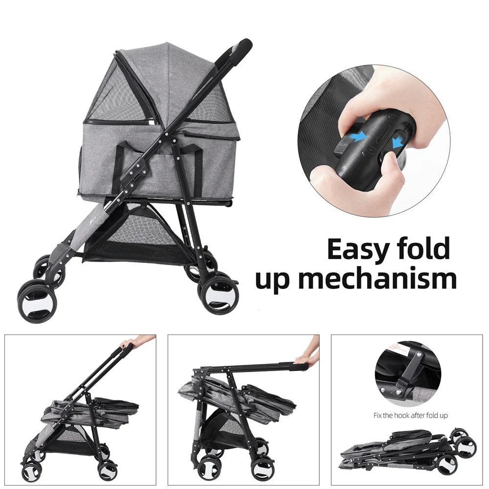 Pet Dog Stroller Foldable Travel Carrier Strolling Cart Cat Dog Pushchair Jogger Dog Pram Cat Buggy with 4 Wheels and Rain Cover - Curl and Collar