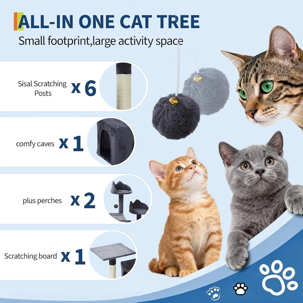 72" Cat Tree for Large Cats, Multi-Level Cat Tower with 6 Sisal Scratching Posts, 2 Condos, 3 Perches, Hammock & Dangling Toys, Sturdy Particle Board with Anti-Tip Kit, Dark Grey - Curl and Collar