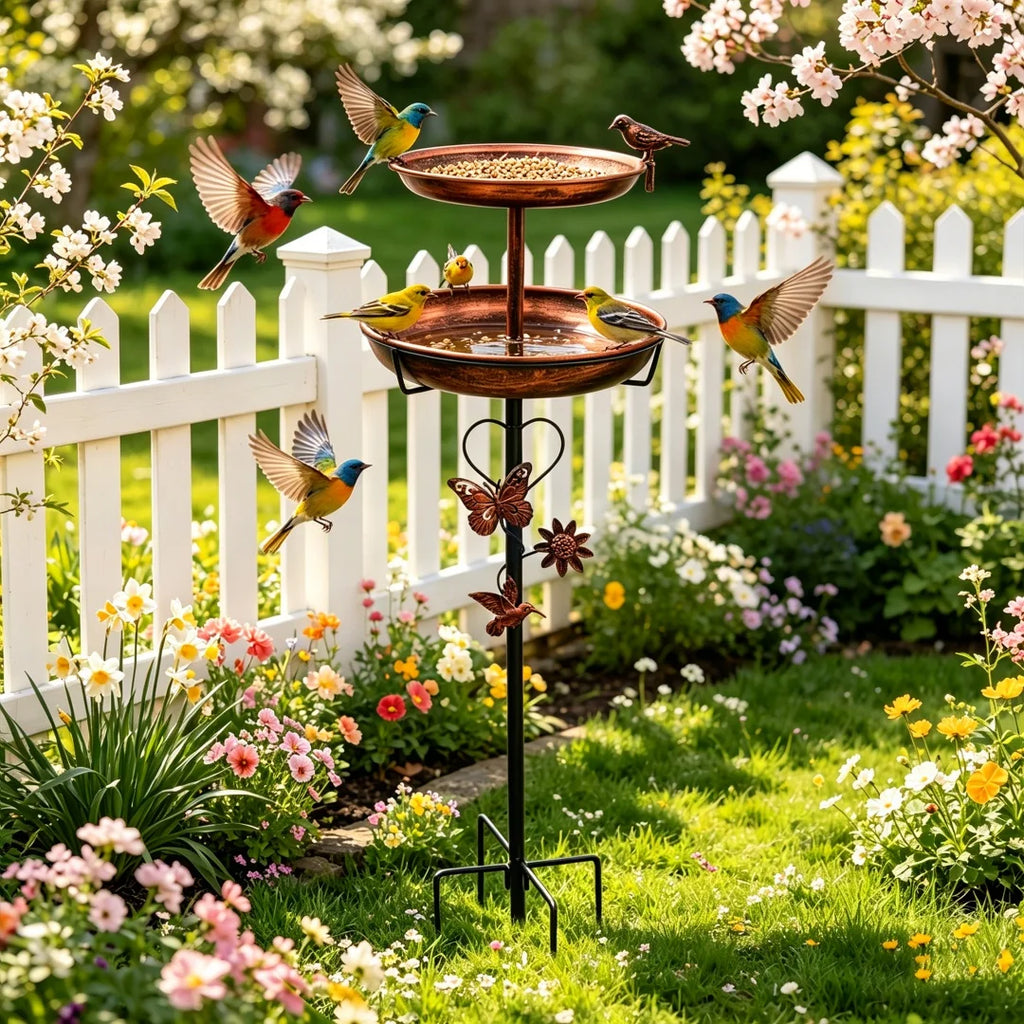 Outdoor Double-Layer Bird Feeder Birdbaths Bowl Freestanding Bird Bath Stand for Garden Yard Patio Decor with 5-Pronged Base - Curl and Collar
