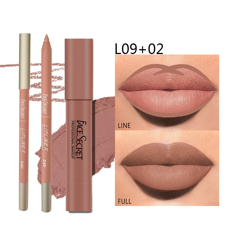 Matte Lipliner&Lipstick Set,Waterproof， Long Lasting Lip Makeup, Soft Matte Color Rendering,Women's Makeup Cosmetics - Curl and Collar
