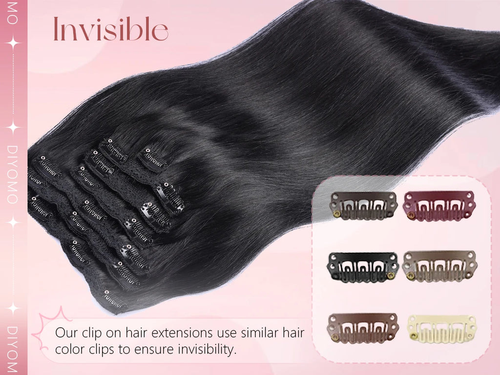 Natural Black Straight Human Hair Extensions Set of 7 PU Clip-In Invisible Wefts 100g Lightweight for Women Hairdressing - Curl and Collar