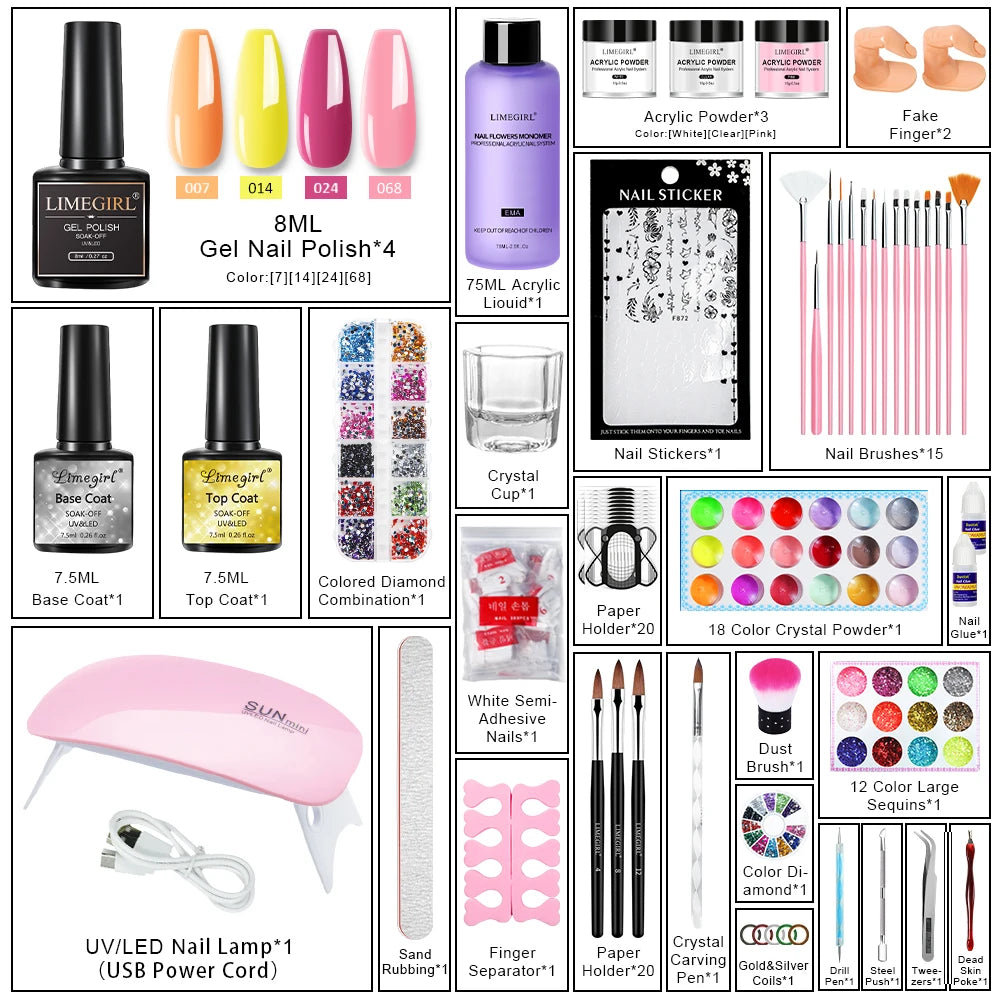 Professional Manicure Set Acrylic Powder Complete Manicure Set, Glitter Powder, Manicure Liquid, Decorative Crystal Kit