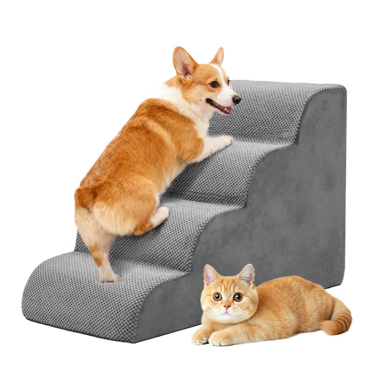 JHK 3-5 Step High-Density Foam Dog Stairs Ramp for Small Dogs Curved Pet Dog Steps Indoor Non-Slip Pet Ladder Ramp Stairs - Curl and Collar