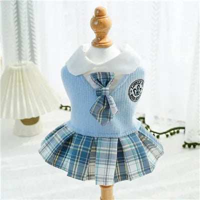 College Style Dog Dress for Small Dogs, Plaid Skirt, Pink,Blue,Green, Spring Dog Clothes, Cat, Chihuahua, XL - Curl and Collar