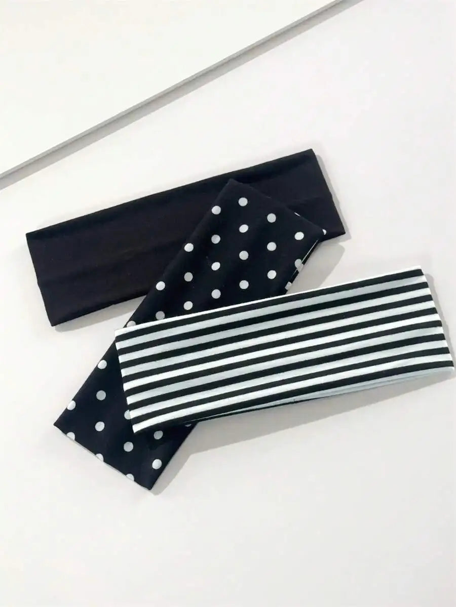 3pcs Unisex Elegant Polka Dot, Black & White Striped, Black Elastic Sports Headbands, Classic Simple Hair Accessories, Suitable - Curl and Collar