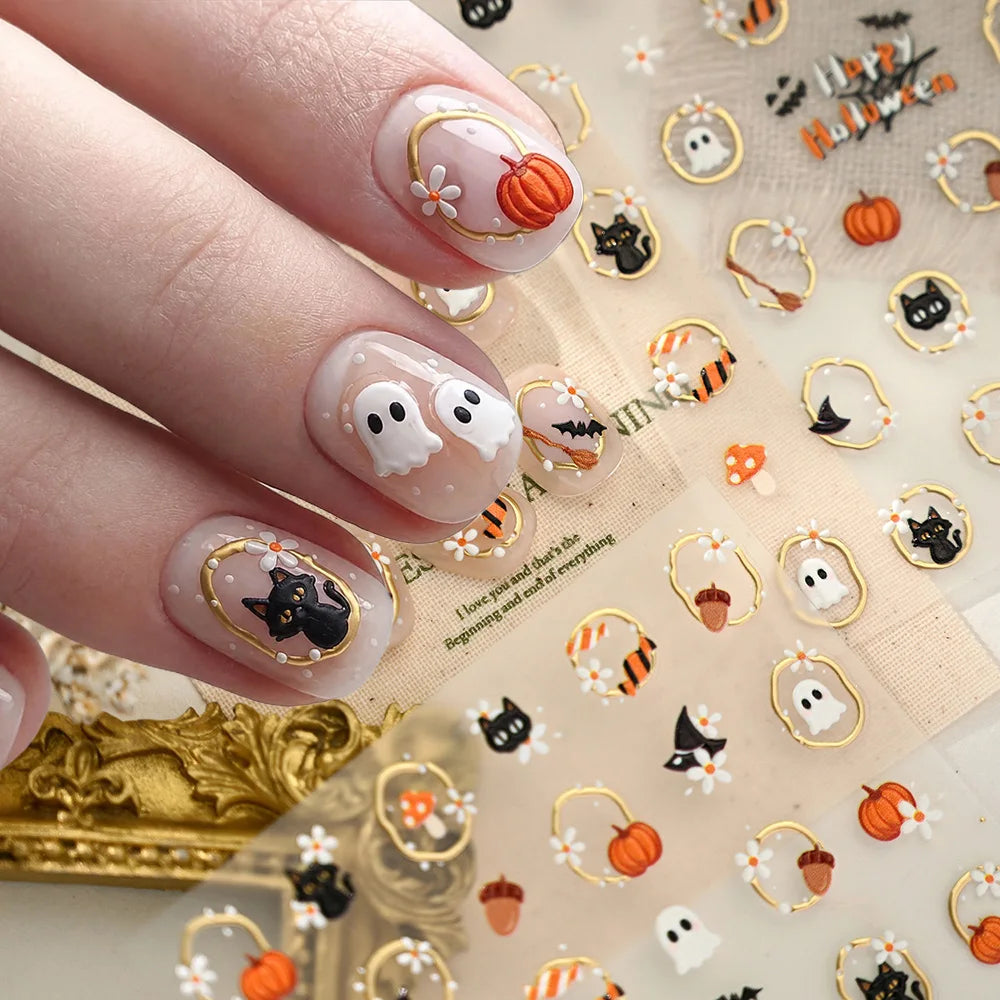 5D Embossed Halloween Nail Stickers Self‑Adhesive Nail Decals with Ghost Pumpkin Cat Mushroom Patterns Gold‑Trim Manicure Slider