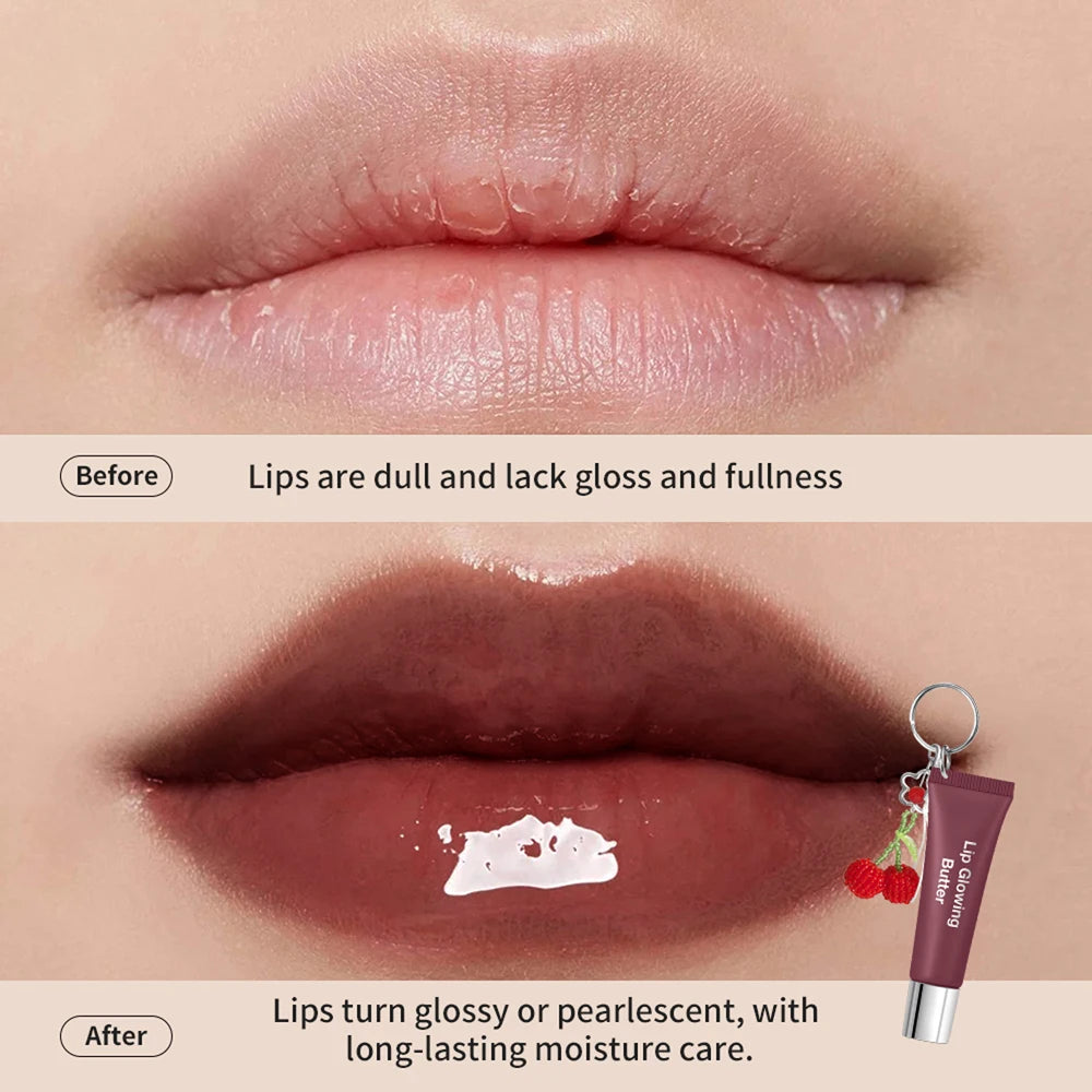 Lip Glowing Butter Lip Gloss With Cherry Pendant Moisturizing Shiny Plumping Lip Tint Hydrating Mirror Liquid Lipstick Long Lasting Lip Balm Makeup - Curl and Collar