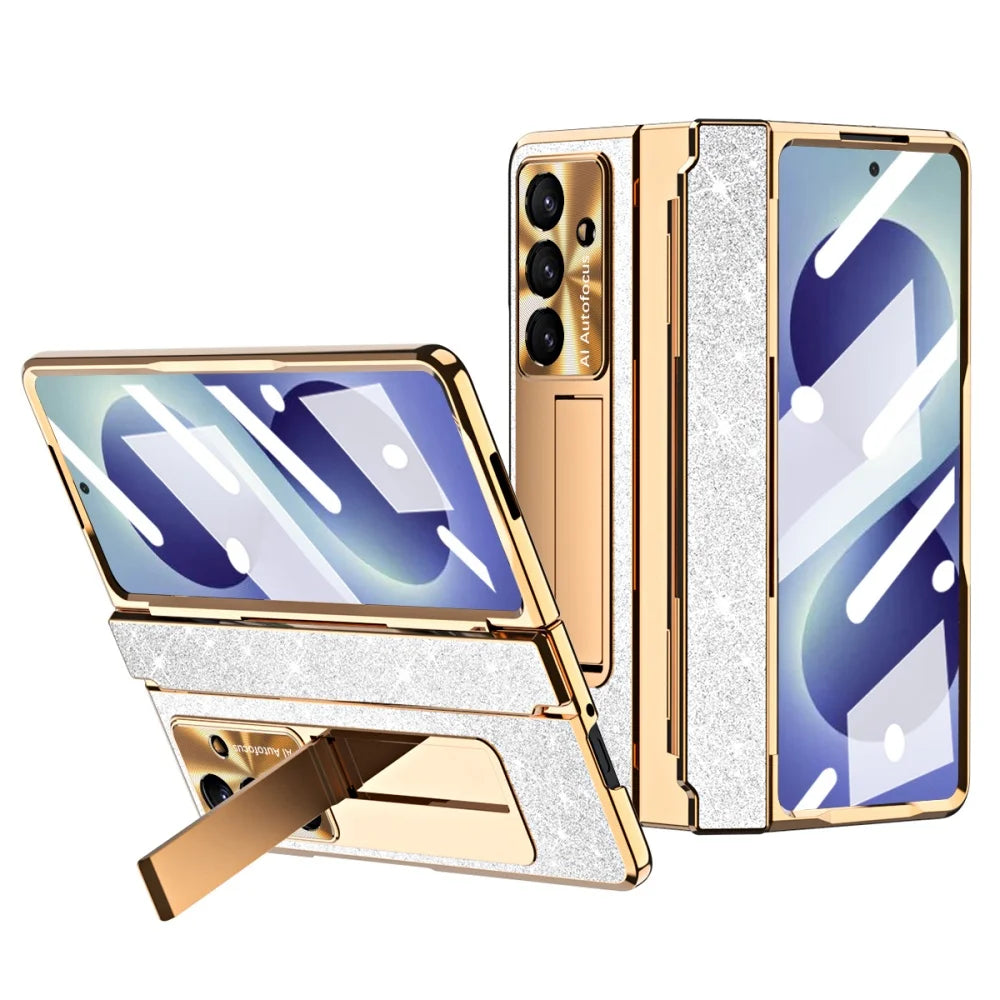 Crystal Glitter Leveling Hinges Anti Drop Case for Samsung Galaxy Z Fold 8 Ultra Zfold 8 Ultra 7 6 5 4 3 Camera Protector Cover - Curl and Collar