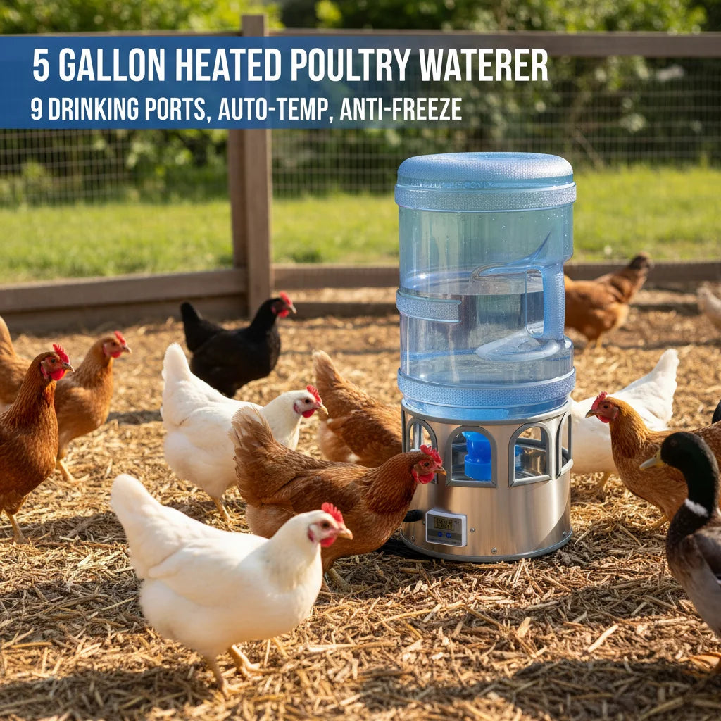 Stainless Steel Heated Chicken Waterer 5 Gal, 80W Auto Thermostat Water Heater for Poultry, Adjustable Temp 32-122°F with LED Display & 9 Windows, Anti-Freeze for Winter, Silver-Blue - Curl and Collar