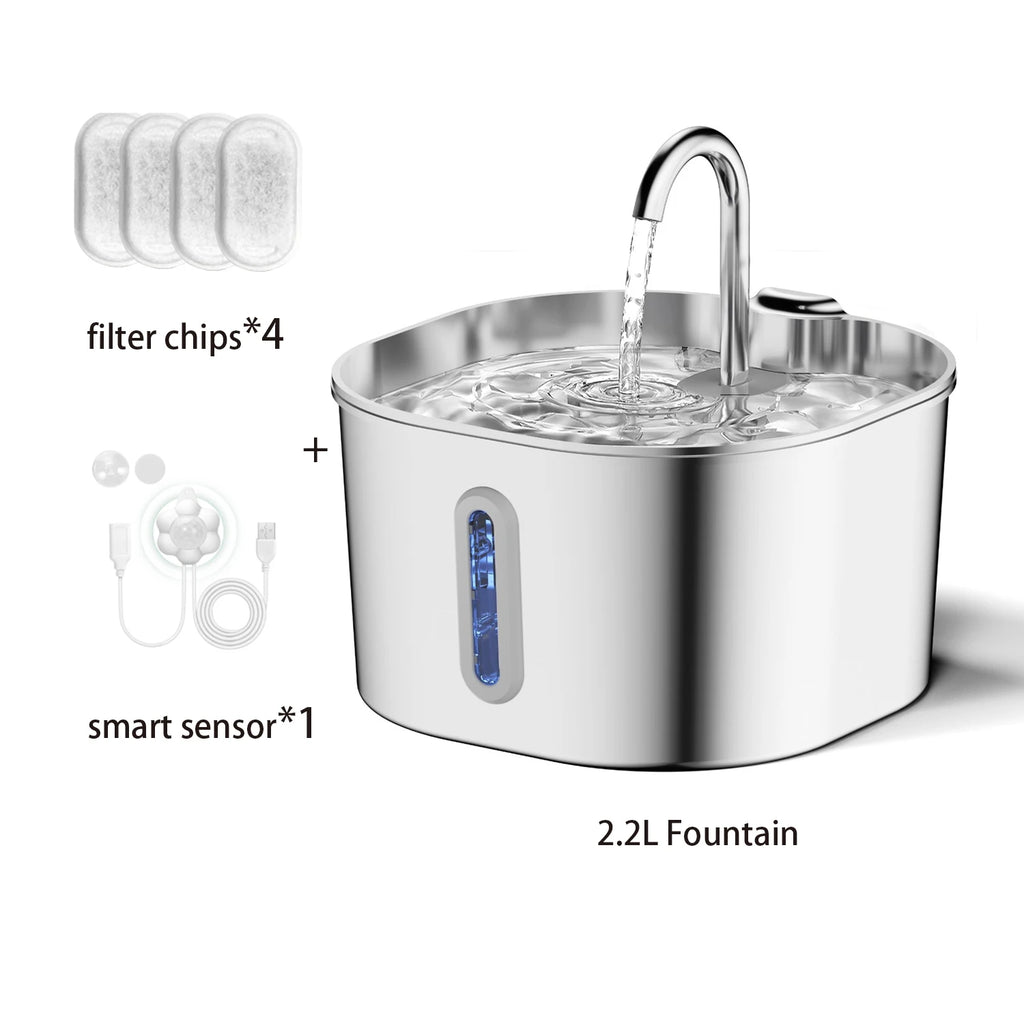 ZYFeeder 2.2L Automatic Cat Water Fountain Square Stainless Steel Pet Water Feeder Dog Water Fountain with window（No 5V 1A Plug） - Curl and Collar
