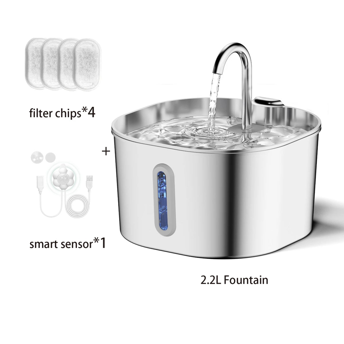 ZYFeeder 2.2L Automatic Cat Water Fountain Square Stainless Steel Pet Water Feeder Dog Water Fountain with window（No 5V 1A Plug） - Curl and Collar