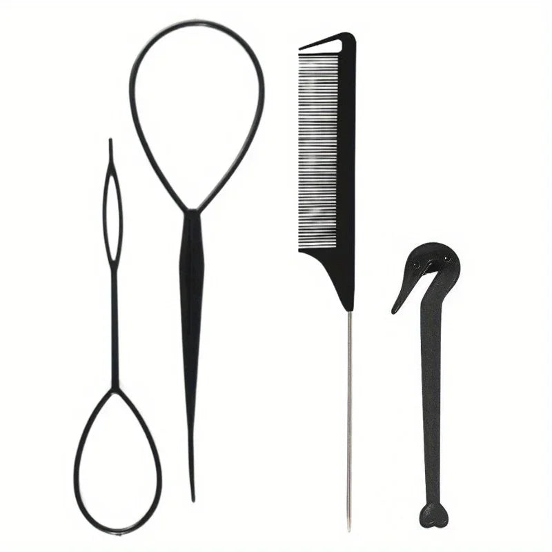4-piece WANMEI Headband Tool, Hair Braiding Tool with Mouse Tail Comb, Ponytail Headband Remover, Quick Styling Hair Accessory - Curl and Collar