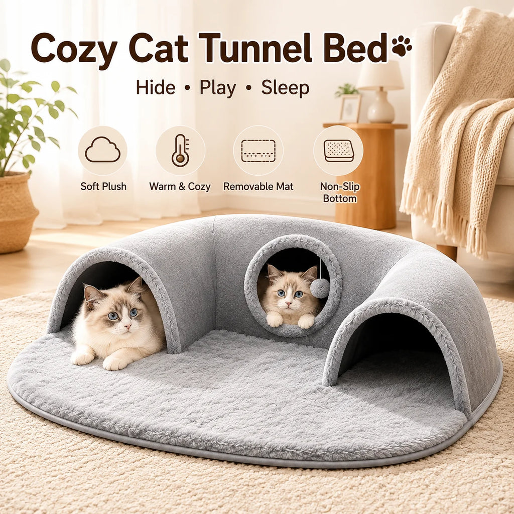 Multifunctional U-shaped Cat Tunnel Bed—A Detachable, Washable Plush Tunnel Bed That Combines Play and Rest; Suitable for Home, Indoor, and balcony Use. - Curl and Collar