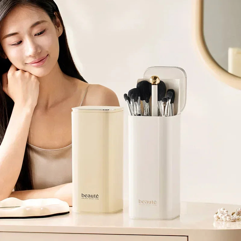 Automatic Dustproof Lifting Makeup Brushes Holder Makeup Brush Holder Desktop Makeup Tools Lipstick Eyebrow Pen Holder Container - Curl and Collar