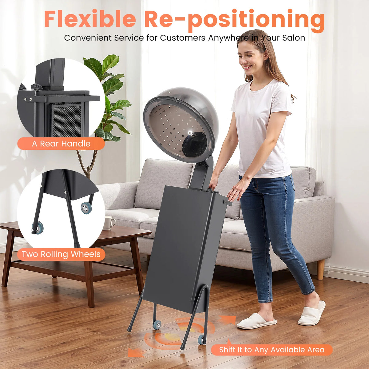 1200W Freestanding Salon Hair Dryer Accelerator 110V US Plug 3 Temp 60min Timer Overheat Protection Rolling Wheel 85° Adjustable Hood - Curl and Collar