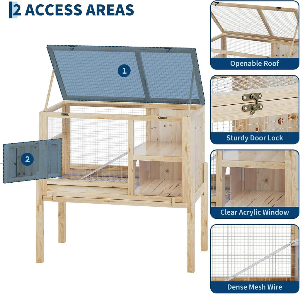 Wooden Guinea Pig Cage Indoor with Stand, 38" 2-Story Rabbit Hutch w/Ramp & Hideout, Clear Vision, Leak-Proof Pull-Out Tray, Lockable Door, Bunny Hamster Habitat - Curl and Collar