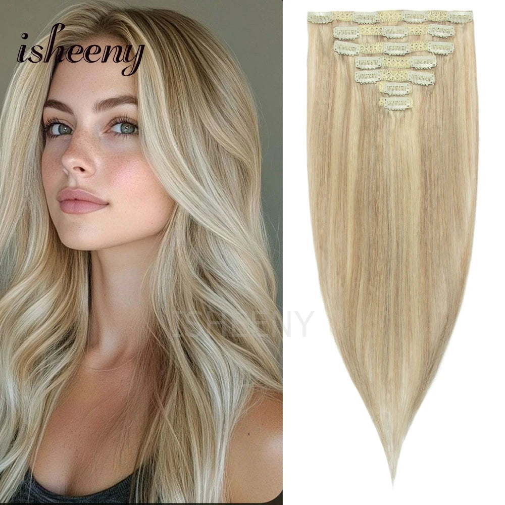12"-20" Clip In Human Hair Extensions Blonde Natural Brazilian Remy Natural Clip Human Hair Extension Real Clip On 7pcs/set - Curl and Collar