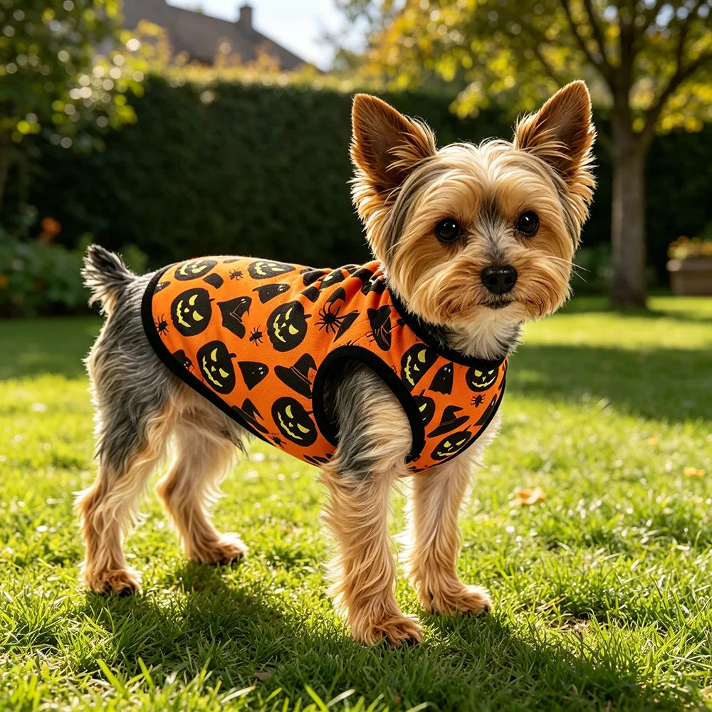 Halloween Pet Vest for Small Medium Dogs Cats Autumn Winter Costume Pumpkin Print Cosplay Outfit Chihuahua Pug French Bulldog - Curl and Collar