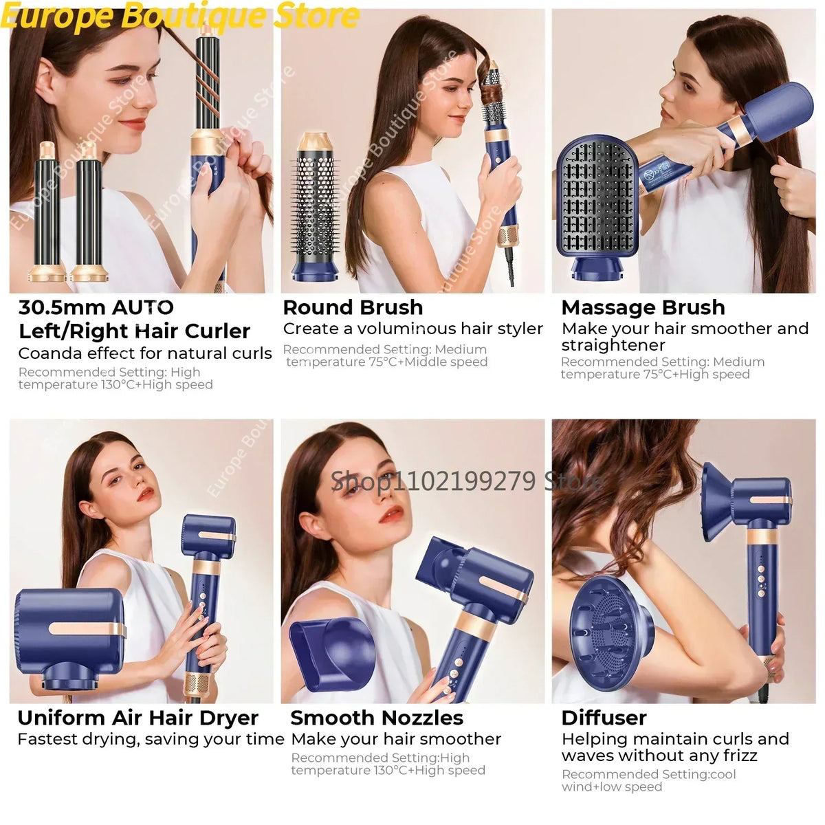 7 In 1 Hair Dryer Brush Brushless High Speed Hair Dryer with Diffuser Ionic Blow Dryer Hot Air Styling Comb Auto Hair Curler - Curl and Collar