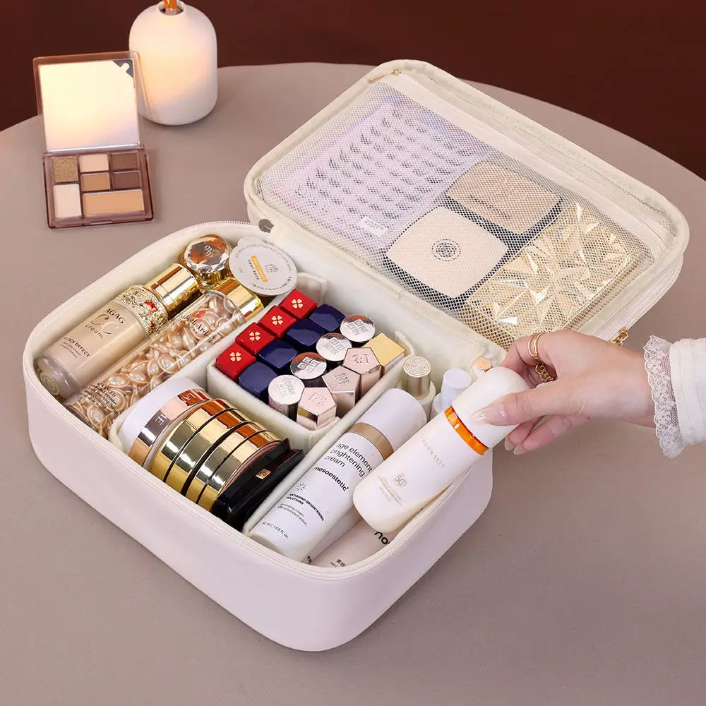 Multiple Compartments Large Capacity Cosmetic Organizer Case Portable Travel Toiletry Bag Double Layer Detachable Makeup Bag - Curl and Collar