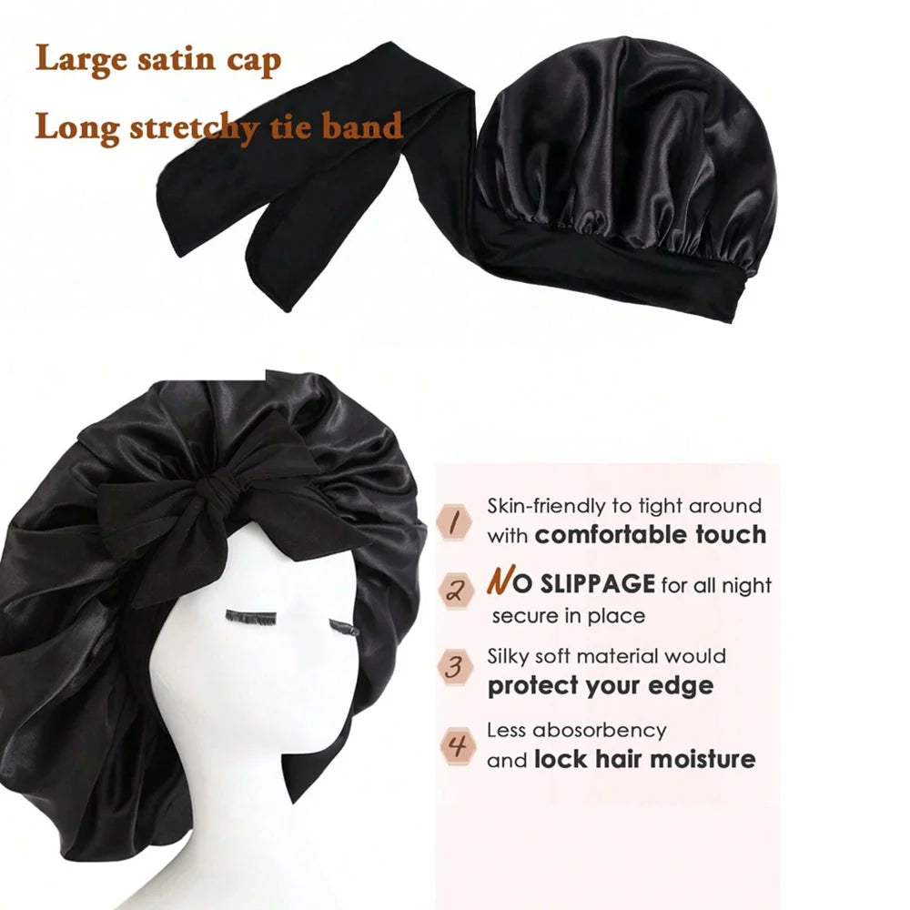 Satin Bonnet Silk Bonnet Adjustable Bonne For Sleeping Hair Bonnet With Tie Band Bonnets For Women Men - Curl and Collar