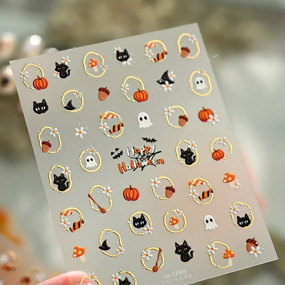 5D Embossed Halloween Nail Stickers Self‑Adhesive Nail Decals with Ghost Pumpkin Cat Mushroom Patterns Gold‑Trim Manicure Slider