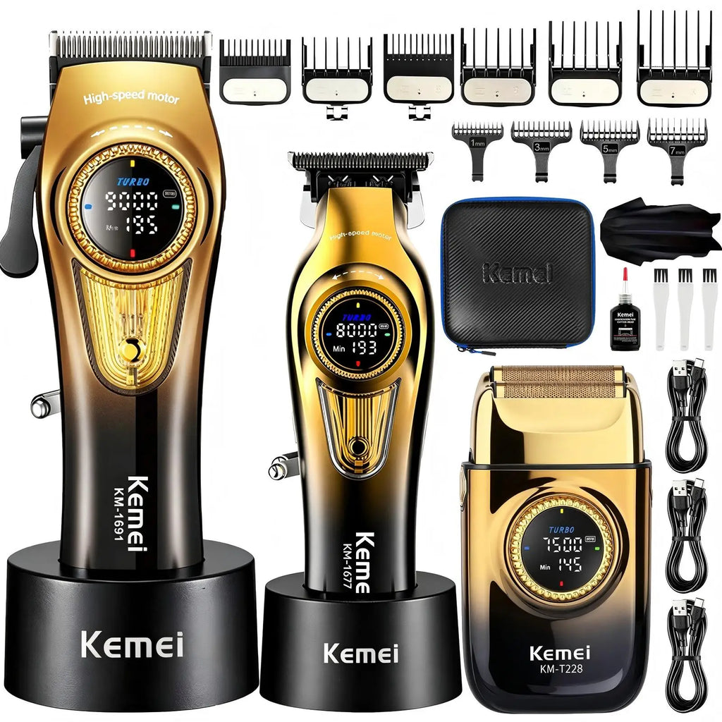 KM-1691+ KM-1671+ KM-T228 High-Performance Men's Grooming Kit: Powder Metallurgy Ceramic Blade Hair Clipper, High-Speed Reciprocating Electric Shaver, Premium 2-in-1 Trimmer for Home Use - Curl and Collar