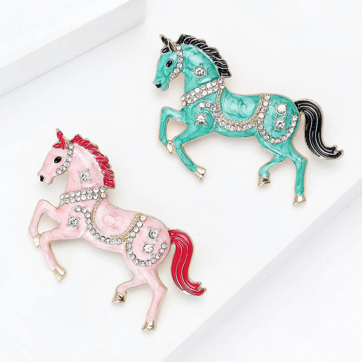 Classic Rhinestone Horse Brooches for Women Enamel Zodiac Animal Pins Office Party Friend New Year Gifts Jewelry Accessories - Curl and Collar