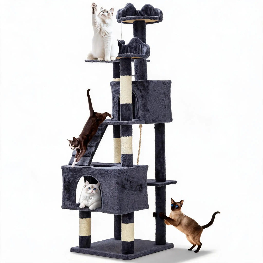 72" Cat Tree for Large Cats, Multi-Level Cat Tower with 6 Sisal Scratching Posts, 2 Condos, 3 Perches, Hammock & Dangling Toys, Sturdy Particle Board with Anti-Tip Kit, Dark Grey - Curl and Collar