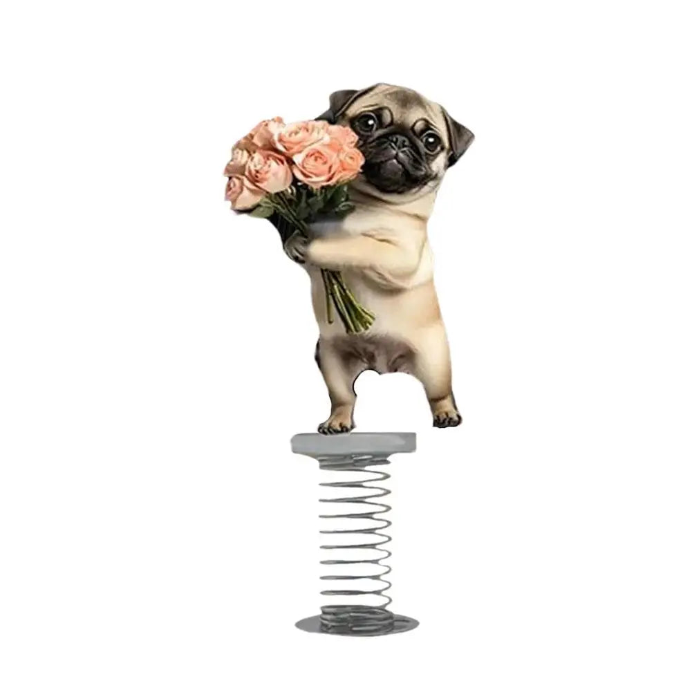 1Pcs Cute 2D Pug Car Ornaments Kawaii Reading Dog Car Panel Dashboard Spring Toys Decor Creative Accessories Gift - Curl and Collar