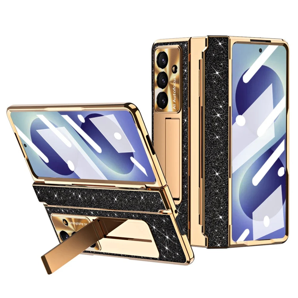 Crystal Glitter Leveling Hinges Anti Drop Case for Samsung Galaxy Z Fold 8 Ultra Zfold 8 Ultra 7 6 5 4 3 Camera Protector Cover - Curl and Collar