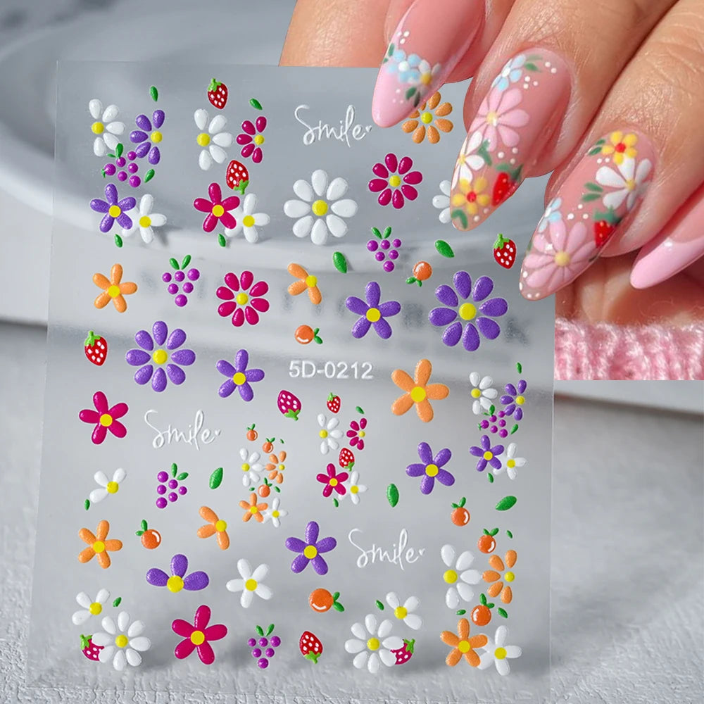 5D Pink Blue Floral Nail Art Stickers Petals Leaf Plant Embossed Nail Decals Spring Summer Flower Design for DIY Nail Supplies - Curl and Collar