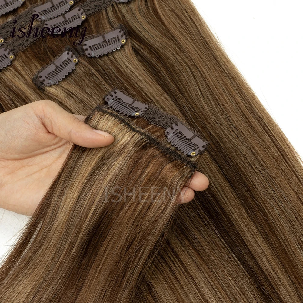 12"-20" Clip In Human Hair Extensions Blonde Natural Brazilian Remy Natural Clip Human Hair Extension Real Clip On 7pcs/set - Curl and Collar
