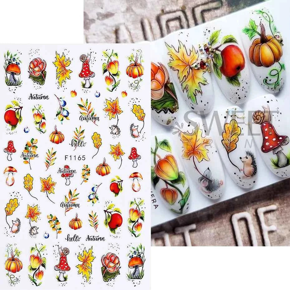 8pcs Autumn Winter Maple Leaf Nail Stickers Pumpkin Elk Mushroom Flower Self-Adhesive Nail Decal Thanksgiving DIY Manicure Decor