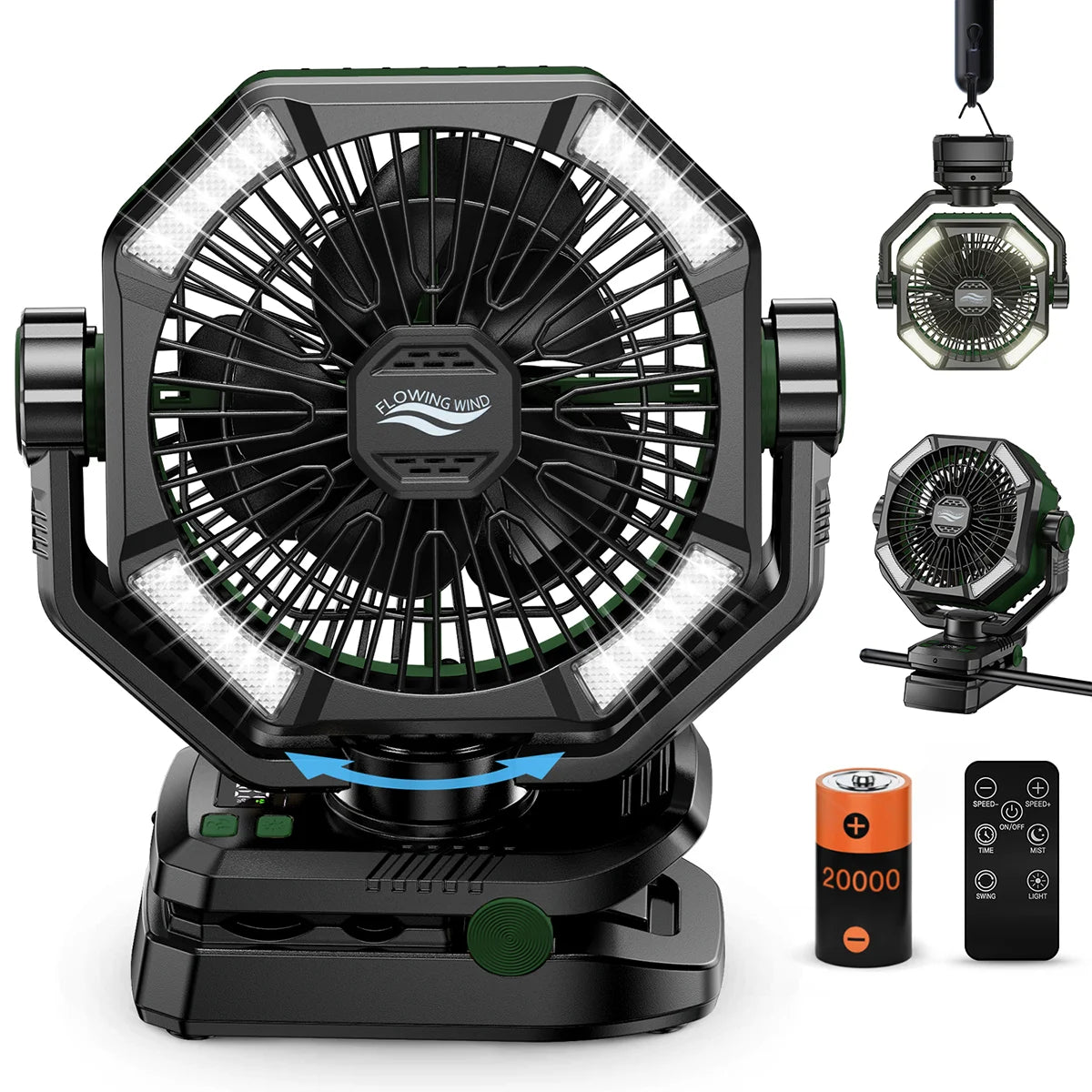 20000mAh Battery Camping Fan with 4 LED Lantern 8 Speeds Desk Fan Portable Outdoor Fan for Outdoor Camping Tent and Fishing - Curl and Collar