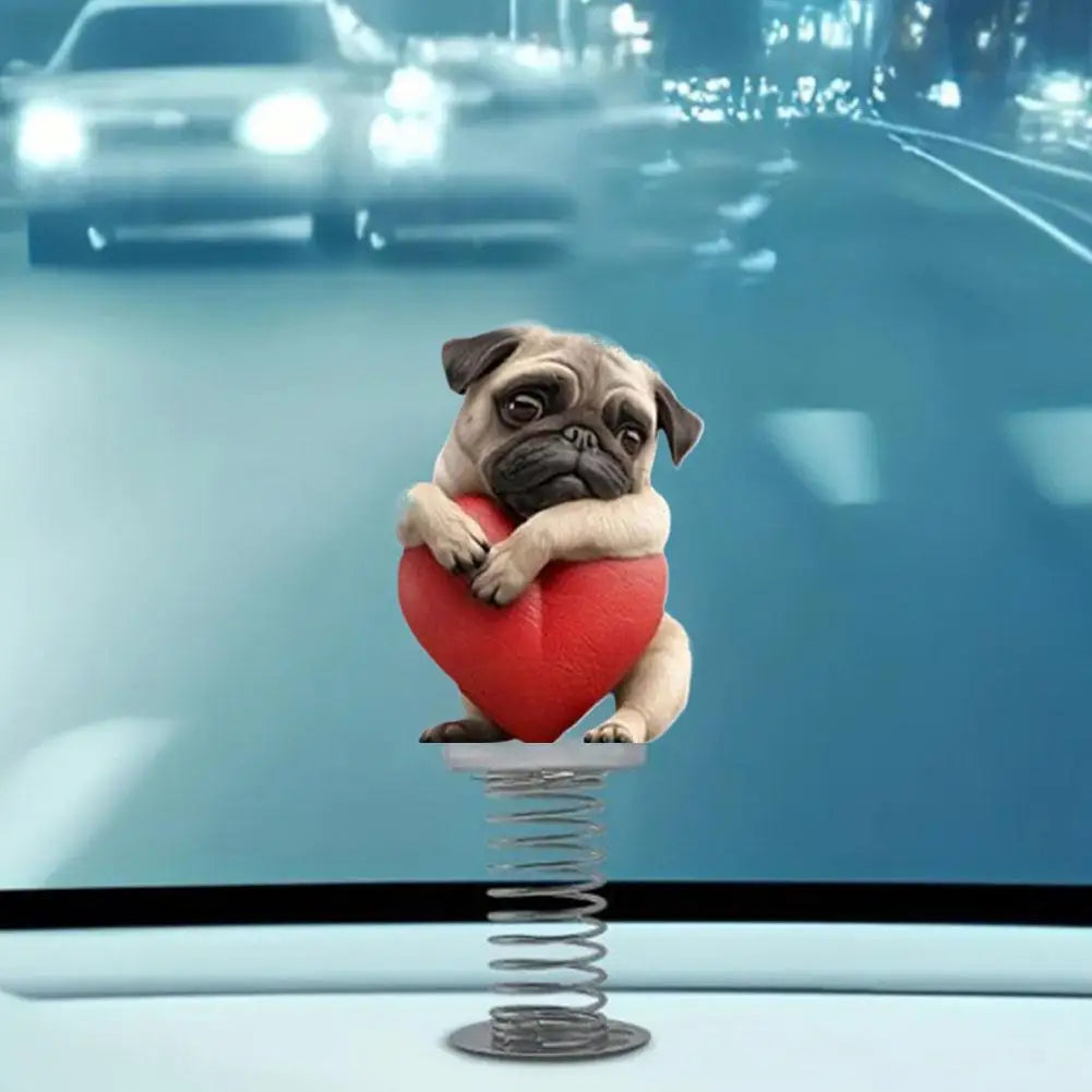 1Pcs Cute 2D Pug Car Ornaments Kawaii Reading Dog Car Panel Dashboard Spring Toys Decor Creative Accessories Gift - Curl and Collar