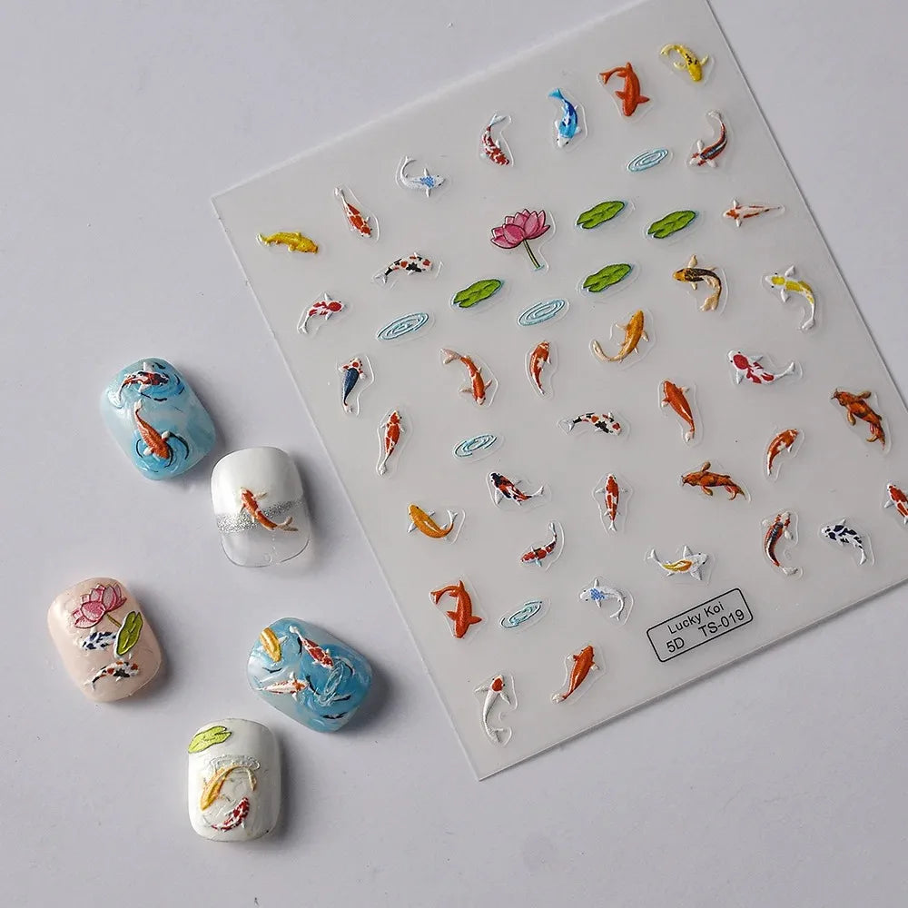 5D Koi Carp Nail Sticker Green Lotus Kawaii Red Carp Nail Slider for Manicure Relief DIY Acrylic Nails Fish Accessories Decal - Curl and Collar