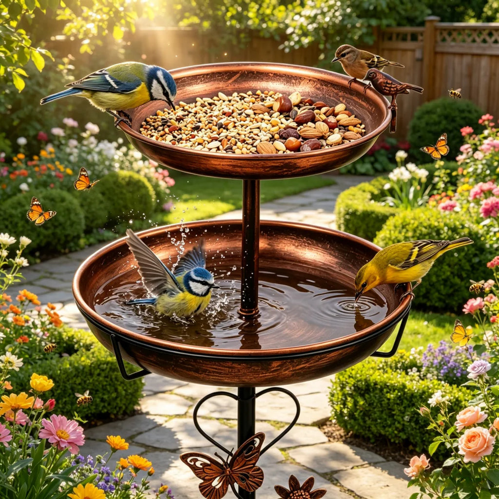 Outdoor Double-Layer Bird Feeder Birdbaths Bowl Freestanding Bird Bath Stand for Garden Yard Patio Decor with 5-Pronged Base - Curl and Collar