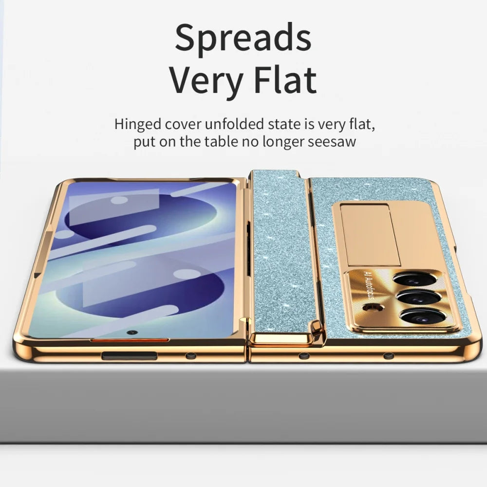 Crystal Glitter Leveling Hinges Anti Drop Case for Samsung Galaxy Z Fold 8 Ultra Zfold 8 Ultra 7 6 5 4 3 Camera Protector Cover - Curl and Collar