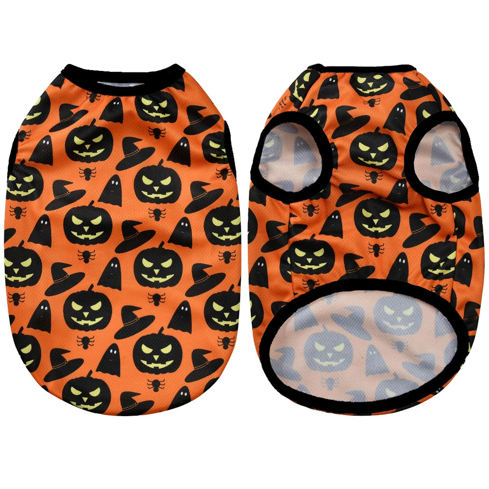 Halloween Pet Vest for Small Medium Dogs Cats Autumn Winter Costume Pumpkin Print Cosplay Outfit Chihuahua Pug French Bulldog - Curl and Collar
