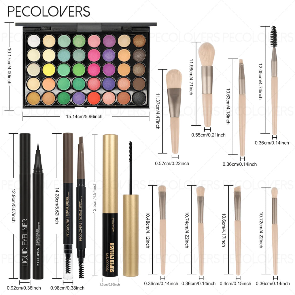 12PCS All-in-One Eye & Brow Makeup Set, 40 Shades Vibrant Color Eyeshadow Palette, Natural 3D Eyebrow Pencil, Quick-Dry Liquid Eyeliner, Volumizing Curling Mascara with Makeup Brushes, Waterproof Sweat-proof, Blendable Matte - Curl and Collar