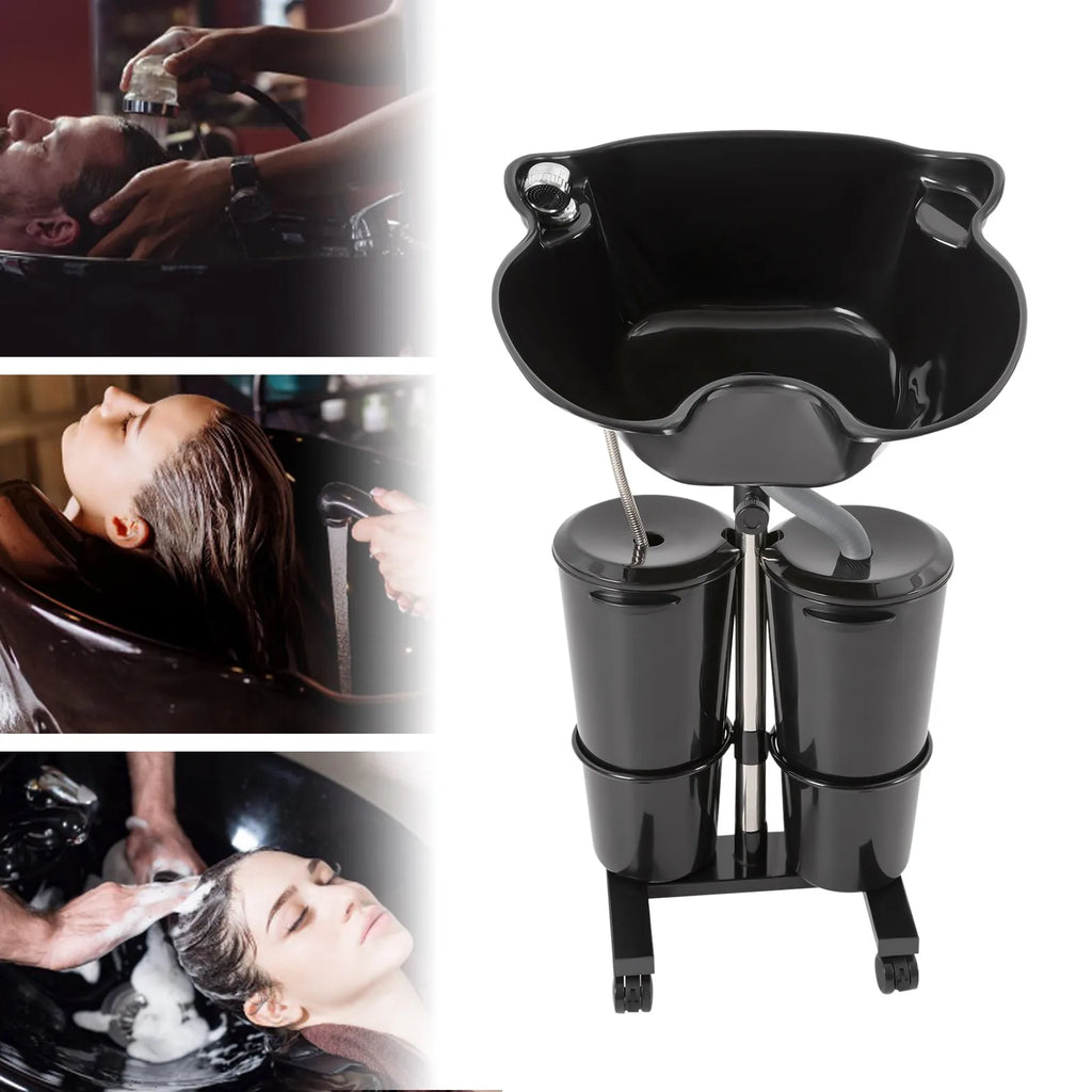 Portable Shampoo Basin with 2 Water Buckets, 30cm Deep Salon Hair Washing Sink, Adjustable Height Angle Mobile Shampoo Bowl Unit - Curl and Collar